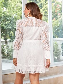 Simplee Vestido de cuello alto con nudo lateral con encaje - Blanco - Ver 3