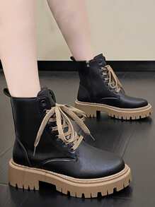 Punk Boots With Lace-up, Front Zipper And Side Buckle Boots - Black - View 2