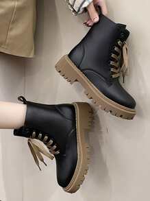 Punk Boots With Lace-up, Front Zipper And Side Buckle Boots - Black - View 3
