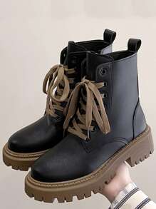 Punk Boots With Lace-up, Front Zipper And Side Buckle Boots - Black - View 4
