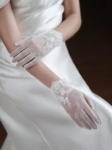 1 Pair White Floral Embroidered Bridal Gloves For Wedding Valentine's Day,For Summer Dress Autumn Accessories