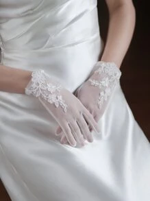 1 Pair White Floral Embroidered Bridal Gloves For Wedding Valentine's Day,For Summer Dress Autumn Accessories