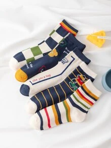 5pairs Striped & Slogan Graphic Crew Socks - Multicolor - View 1