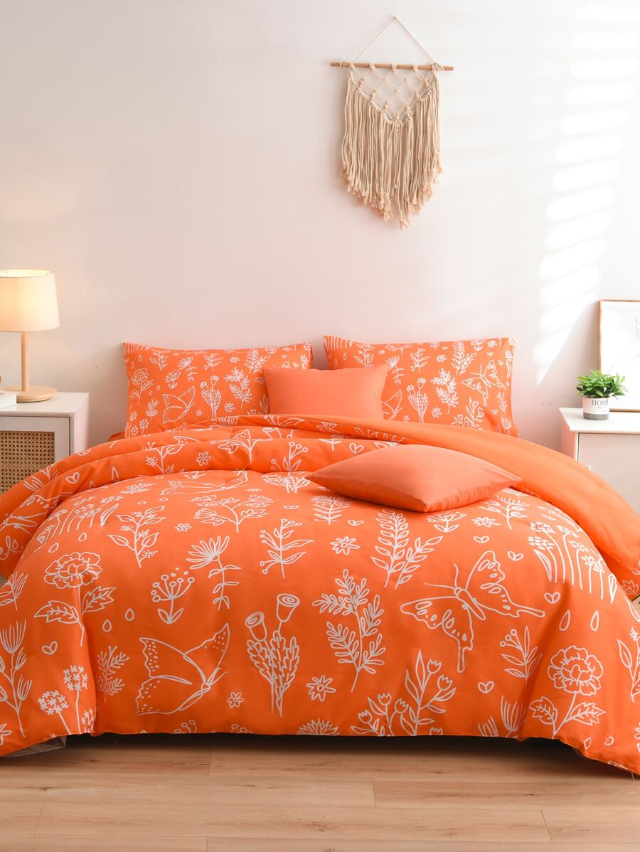 Floral Print Duvet Cover Set Without Filler - Orange - View 1