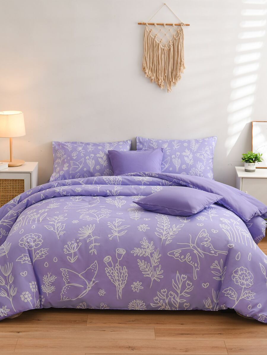 Floral Print Duvet Cover Set Without Filler - Mauve Purple - View 1