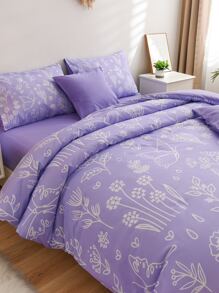 Floral Print Duvet Cover Set Without Filler - Mauve Purple - View 5