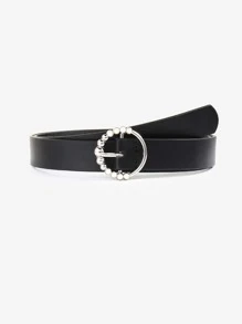 Faux Pearl Decor Round Buckle Belt - Black - View 1