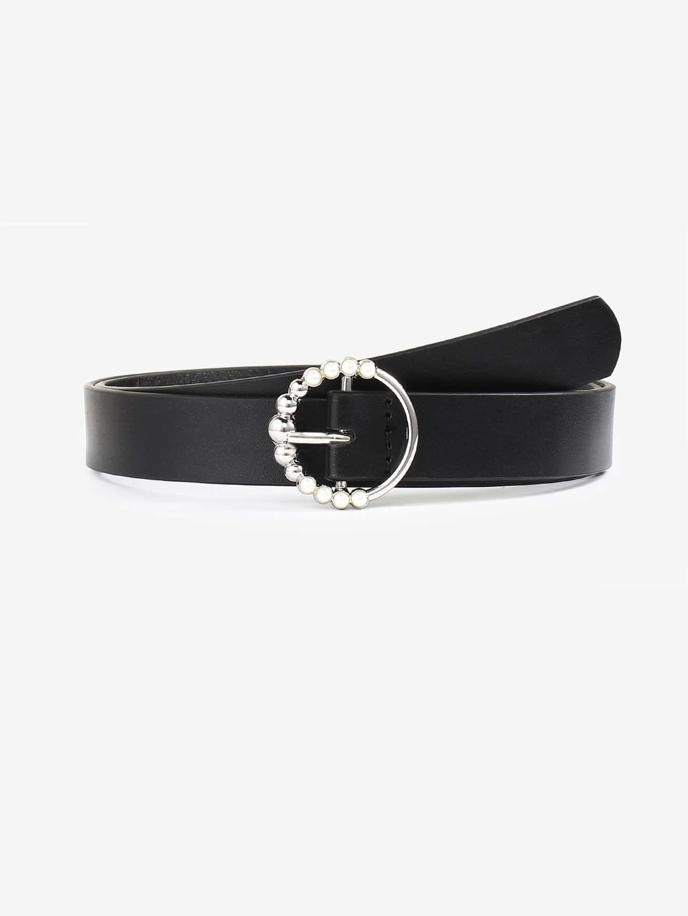 Faux Pearl Decor Round Buckle Belt - Black - View 1