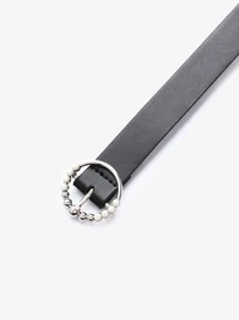 Faux Pearl Decor Round Buckle Belt - Black - View 3
