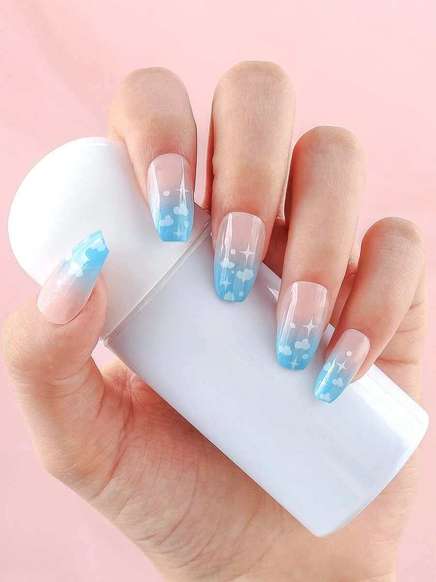 24入組短棺材雲朵圖案假指甲和1入組指甲銼和1張膠帶 - 淺藍色 - 查看 1