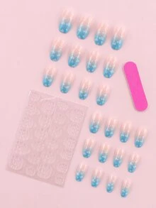 24入組短棺材雲朵圖案假指甲和1入組指甲銼和1張膠帶 - 淺藍色 - 查看 2
