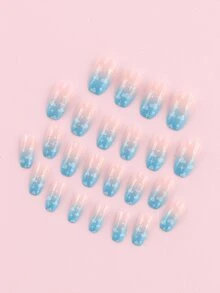 24入組短棺材雲朵圖案假指甲和1入組指甲銼和1張膠帶 - 淺藍色 - 查看 5
