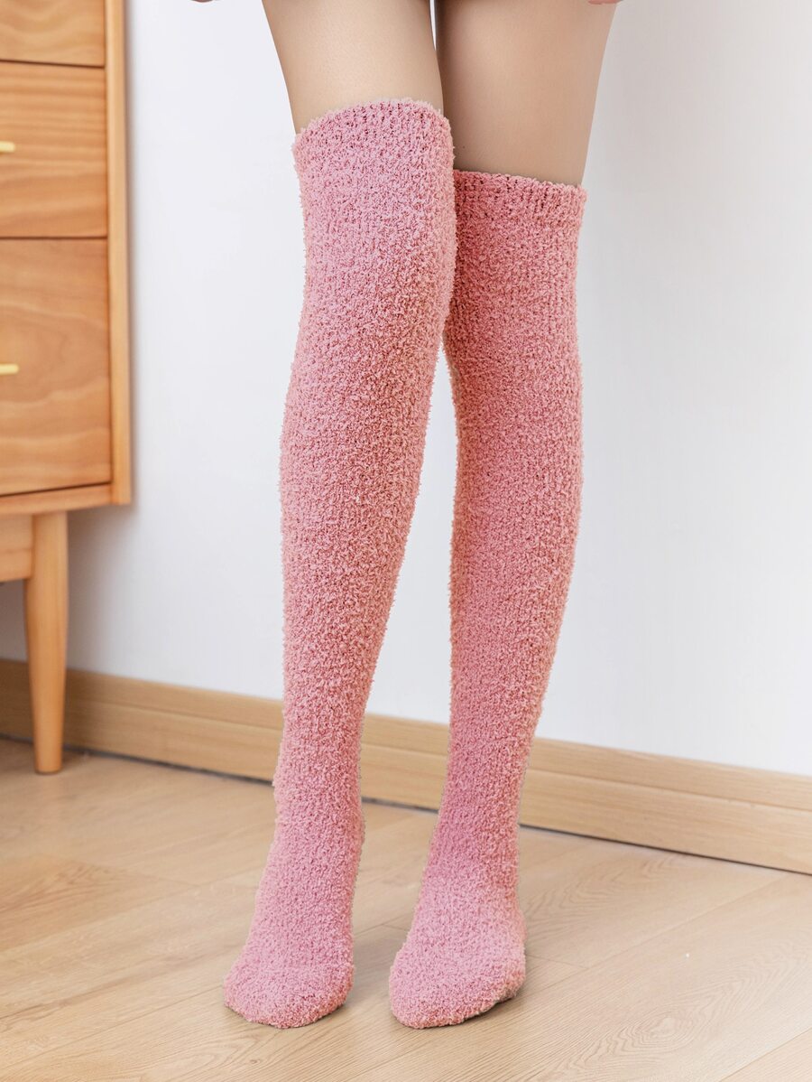 1pair Coral Velvet Solid Color Warm Knee-high Socks Suitable For Winter - Pink - View 1