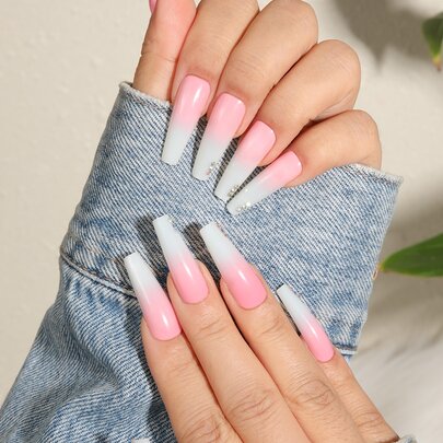 24pcs Long Coffin Ombre Fake Nail & 1pc Nail File & 1sheet Tape