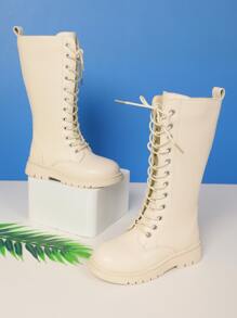 Girls Side Zip Lace-up Front Combat Boots - Beige - View 6