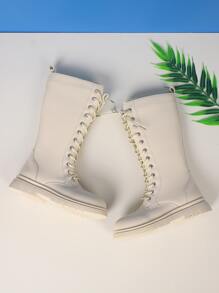 Girls Side Zip Lace-up Front Combat Boots - Beige - View 8