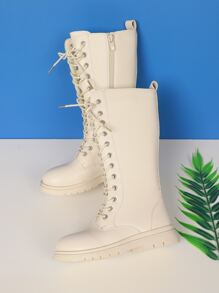 Girls Side Zip Lace-up Front Combat Boots - Beige - View 7