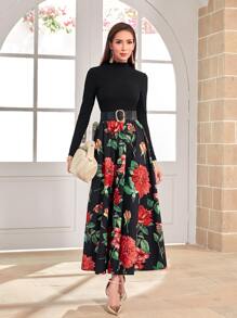 Modelyn Lettuce Trim Rib-knit Tee & Floral Print Skirt Set Without Belt - Multicolor - View 1
