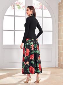 Modelyn Lettuce Trim Rib-knit Tee & Floral Print Skirt Set Without Belt - Multicolor - View 2