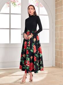 Modelyn Lettuce Trim Rib-knit Tee & Floral Print Skirt Set Without Belt - Multicolor - View 4