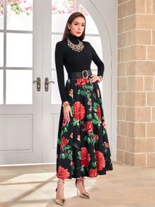 Modelyn Lettuce Trim Rib-knit Tee & Floral Print Skirt Set Without Belt - Multicolor - View 5