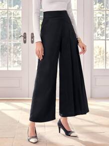Modelyn 百褶拼塊闊腿褲不附腰帶 - 黑色 - 查看 5