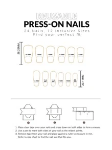 24pcs/set Medium Length Coffin Shaped Floral Design False Nails With 1pc Nail Tape & 1pc Nail File - Multicolor - View 3