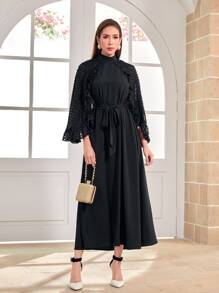 Modelyn Mock Neck Ruffle Trim Belted Dress - Black - View 4