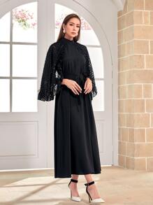 Modelyn Mock Neck Ruffle Trim Belted Dress - Black - View 1