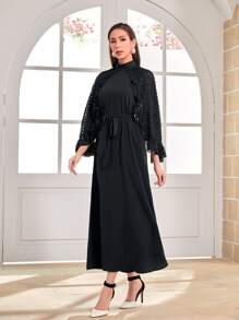 Modelyn Mock Neck Ruffle Trim Belted Dress - Black - View 5