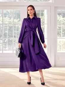 Modelyn Đầm sơ mi satin buộc phía trước tay bồng Đầm dạ hội dài - Màu tím  Violet - Xem 1