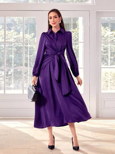 Modelyn Puff Sleeve Tie Front Satin Shirt Dress Long Evening Dresses