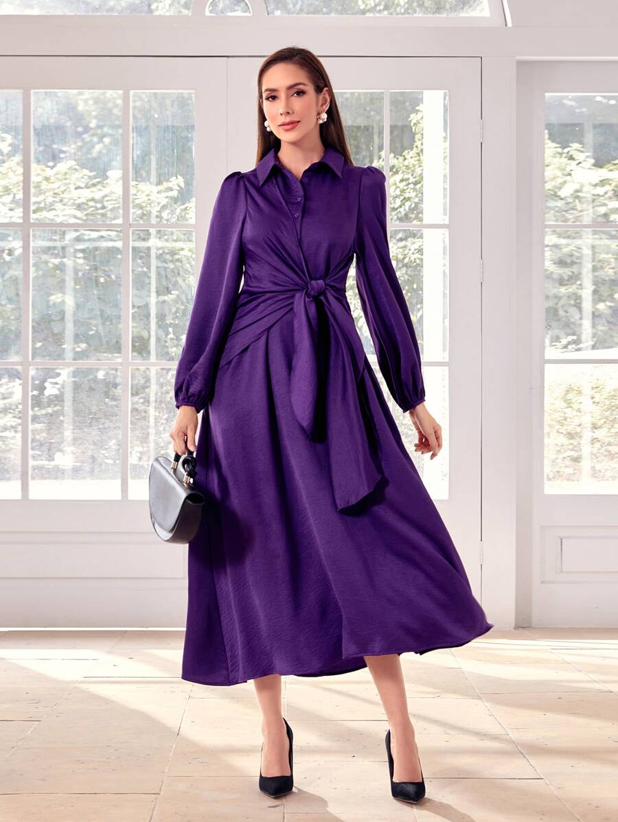 Modelyn Đầm sơ mi satin buộc phía trước tay bồng Đầm dạ hội dài - Màu tím  Violet - Xem 1