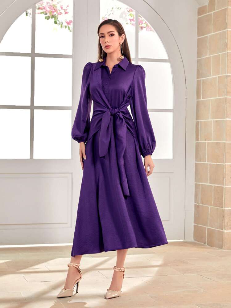 Modelyn Puff Sleeve Tie Front Satin Shirt Dress Long Evening Dresses | SHEIN