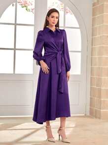 Modelyn Đầm sơ mi satin buộc phía trước tay bồng Đầm dạ hội dài - Màu tím  Violet - Xem 4