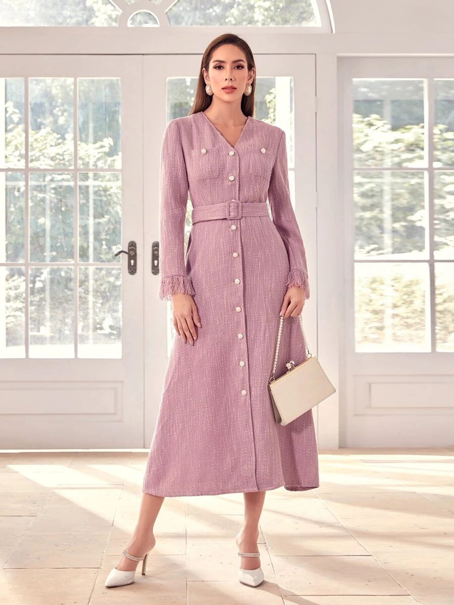 Modelyn Button Front V-neck Belted A-line Dress - Lilac Purple - View 1