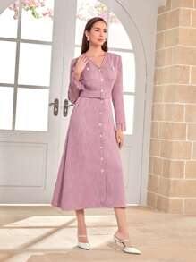 Modelyn Button Front V-neck Belted A-line Dress - Lilac Purple - View 3