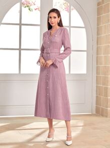 Modelyn Button Front V-neck Belted A-line Dress - Lilac Purple - View 4