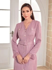 Modelyn Button Front V-neck Belted A-line Dress - Lilac Purple - View 5