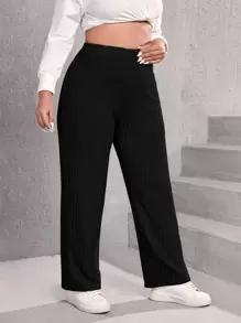 SHEIN EZwear Plus High Waist Ribbed Knit Straight Trousers - Black - View 1