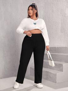 SHEIN EZwear Plus High Waist Ribbed Knit Straight Trousers - Black - View 4