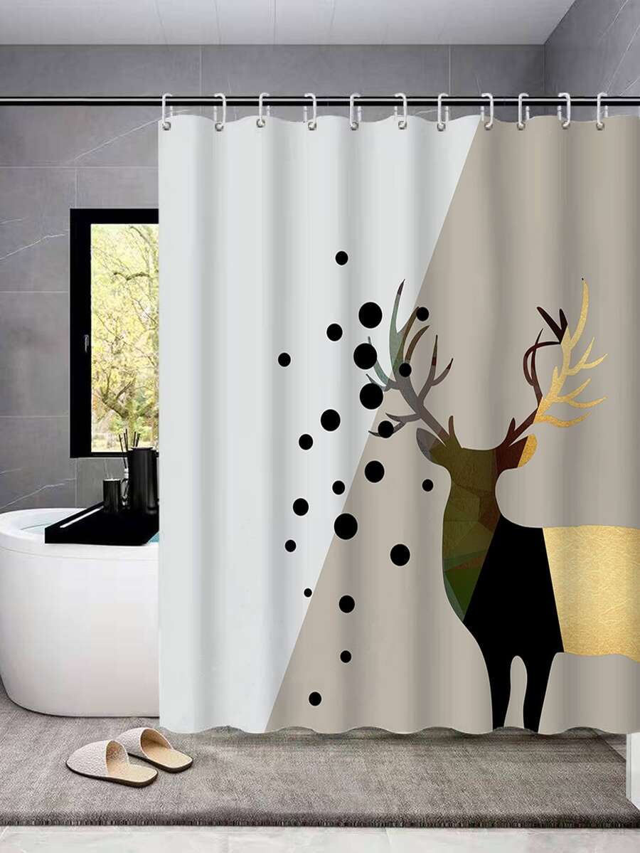 Polka Dot & Elk Print Shower Curtain - Multicolor - View 1