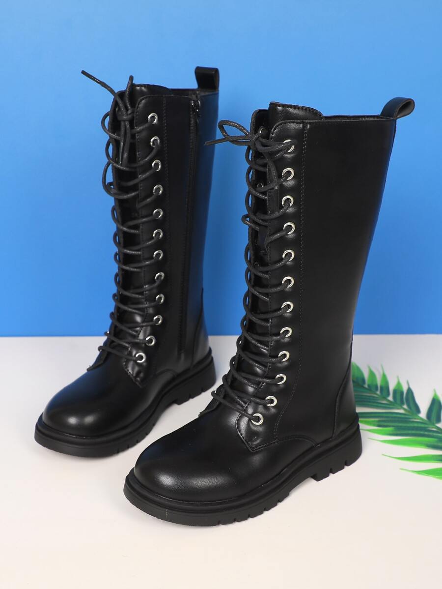 女孩側邊拉鏈前綁帶馬丁靴黑色 - 黑色 - 查看 1