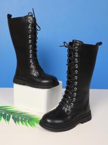 女孩側邊拉鏈前綁帶馬丁靴黑色 - 黑色 - 查看 2