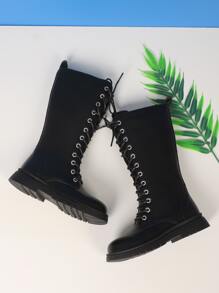 女孩側邊拉鏈前綁帶馬丁靴黑色 - 黑色 - 查看 4