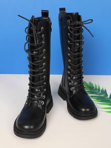 女孩側邊拉鏈前綁帶馬丁靴黑色 - 黑色 - 查看 6