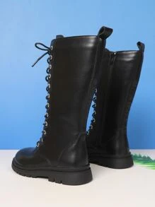 女孩側邊拉鏈前綁帶馬丁靴黑色 - 黑色 - 查看 8