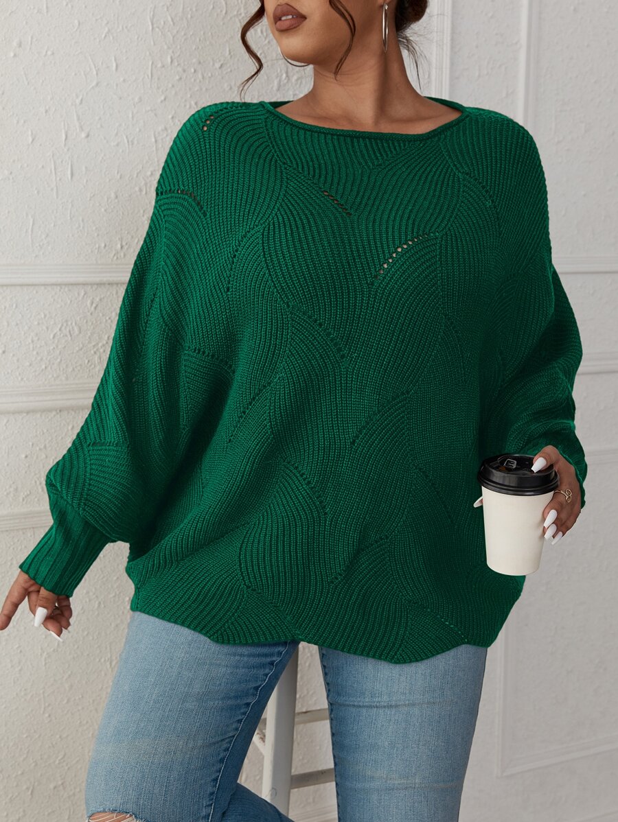 SHEIN LUNE Plus Eyelet Detail Batwing Sleeve Jumper - Dark Green - View 1