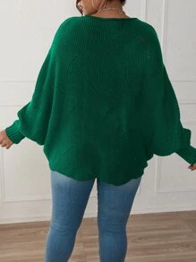 SHEIN LUNE Plus Eyelet Detail Batwing Sleeve Jumper - Dark Green - View 2
