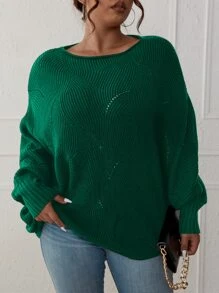 SHEIN LUNE Plus Eyelet Detail Batwing Sleeve Jumper - Dark Green - View 3